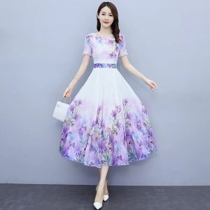Slim Floral Puff Sleeve O-neck Thin Chiffon Dresses