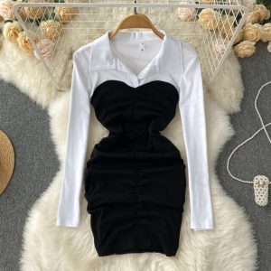 Solid Long Sleeve Splice Lapel Mini Dress