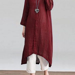 Solid Loose Round Neck Button Down Front Dress