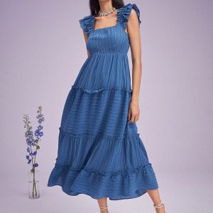 Solid Shirred Tiered Cap Sleeve Lettuce Edge Swing Maxi Dress