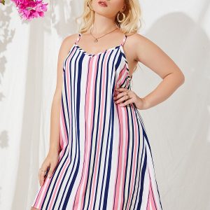 Spaghetti Striped Backless Design Sleeveless Dress