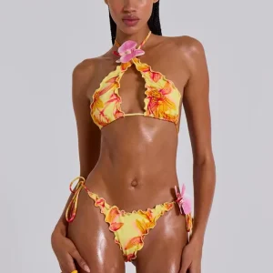 Thin Ruffles Cross Halter Camisole Panties Matching Club Swimsuit 2 Piece Set