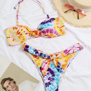 Tie Dye Print Bow Halter Backless Micro Bikinis Swimwear