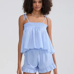 Tied Shoulder Striped Slips Camis and Ruffled Trim Shorts Loungewear Sets