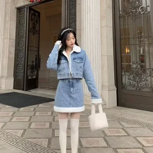 Trendy Lamb Wool Spliced Denim Short Sweet Cool Half Skirt Two Piece Set