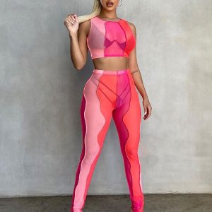 Two Piece Transparent Mesh Crop Top and Pants Suit Patchwork Panelled Club Wear