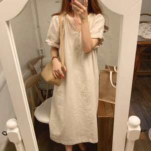 V Neck Cotton Long Loose Shirt Dress Short Sleeve