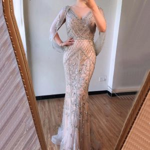 V-Neck Sexy Crystal Shawl Yarn Evening Dresses