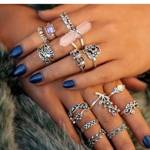 Vintage Big Stone Flower Knuckle Rings Set