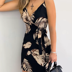 Vintage Fashion Tropical Print V-Neck Wrap Casual Sleeveless Holiday Mini Dress