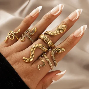 Vintage Metal Zinc Alloy Gothic Adjustable Long Snake Ring Set