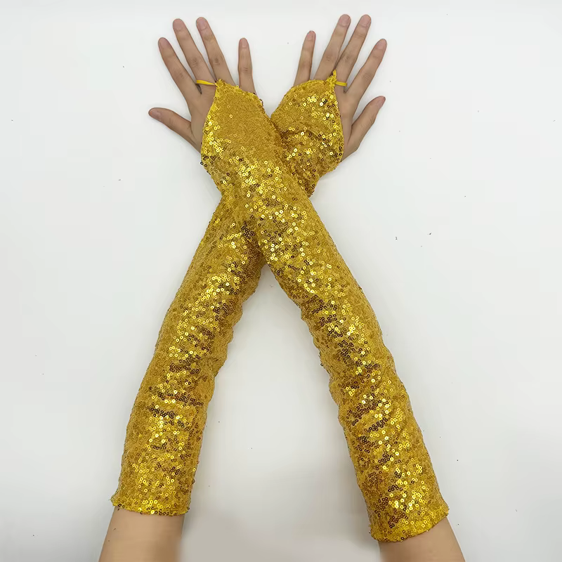 Vintage Sequins Long Hook Finger Mittens Nightclub Stage Performance Fingerless Gloves
