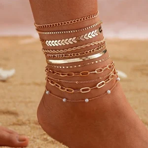 Vintage Simple Pearl Chain On Leg Beach Foot Boho Multi Layer Anklets 11 Pcs Set