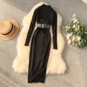Wool Long Dress High Collar Long Sleeve Tie High Waist Slim Knitting Pullover