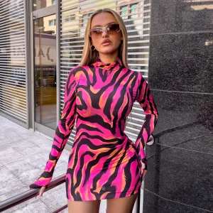 Zebra Print Striped Long Sleeved Pullover Wrap Tights Half-high Collar Mini Dress