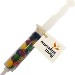Branded Syringe filled with 20g Skittles