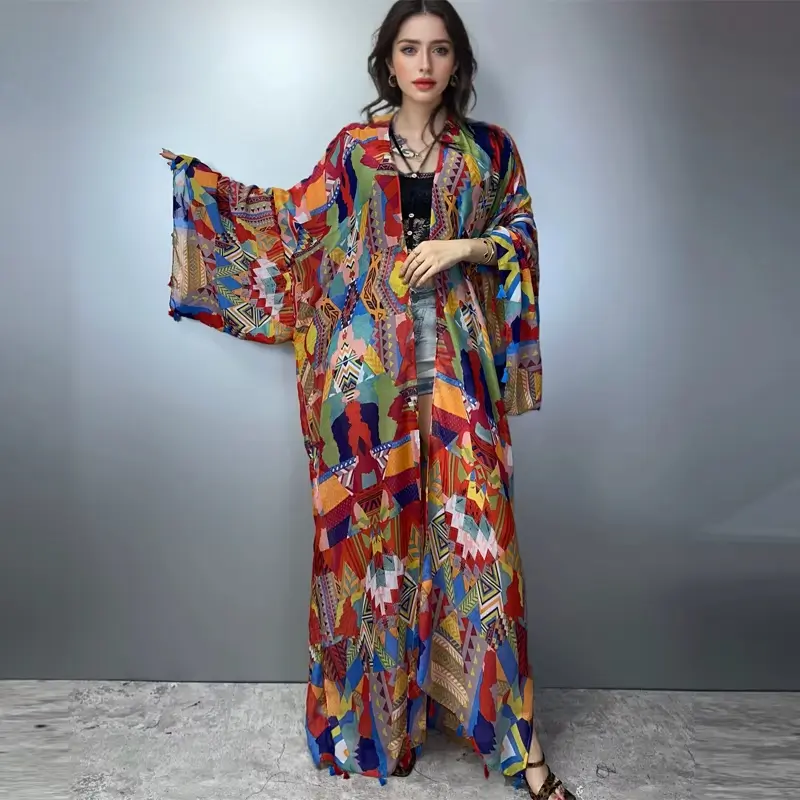 Luxury Kimono Print Coat Loose Tassels Long Beach Holiday Swimming Cover Up Party Dresses - Image 2