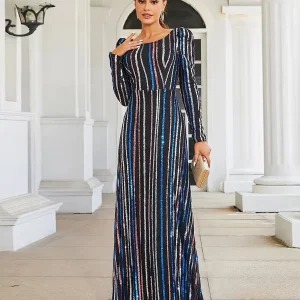 Luxury Long Sleeved High Quality Striped Formal Evening Floor Length Dresses